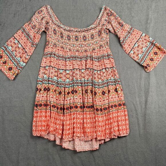 Torrid Size 2 Mini Dress With Smocking Bell Sleeves Tags Geometric,Casual.Beach - Picture 2 of 14